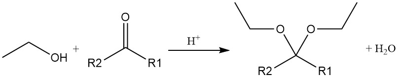 Reaction of ethanol with aldehydes or ketones to produce acetals