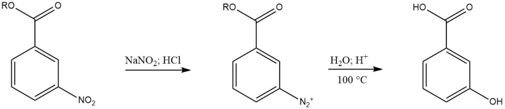 Production of 3-hydroxybenzoic acid by Reduction of 3-nitrobenzoic acid esters