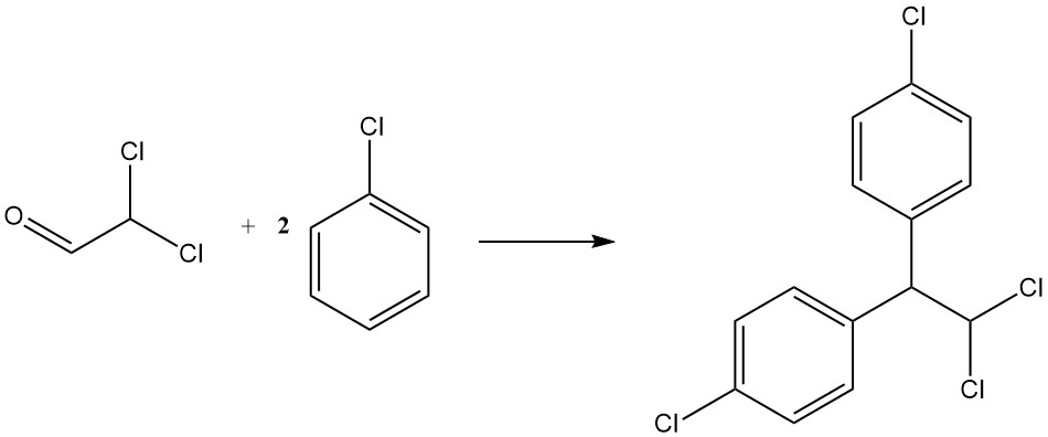 Condensation reaction of dichloroacetaldehyde with chlorobenzene to produce p,p'-dichloro-1,1-diphenyl-2,2-dichloroethane