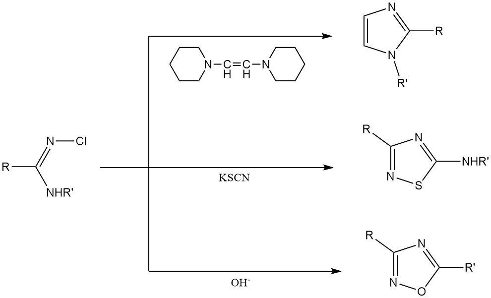Synthesis of heterocyclic rings from N-chloroamidines and N-chloroguanidines