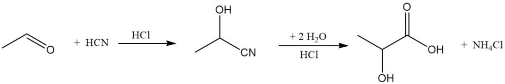 production of Lactic Acid from acetaldehyde and hydrogen cyanide