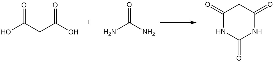 Reaction of malonic acid with urea to produce barbituric acid