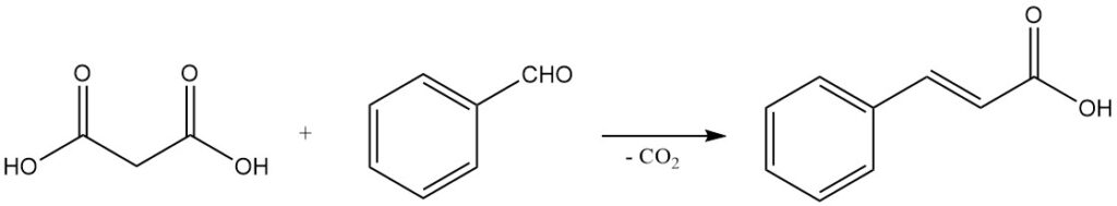 reaction of malonic acid with benzaldehyde to produce cinnamic acid