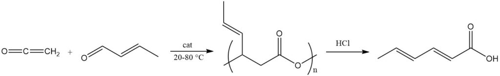 Production of sorbic acid from the polymeric ester of 3-hydroxy-4-hexenoic acid