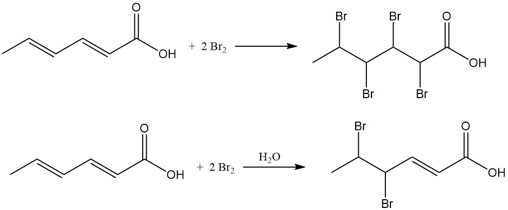 Reaction of bromine with sorbic acid