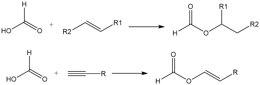 Reaction of formic acid with olefins and acetylenes
