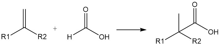 Reaction of formic acid with olefins to produce branched carboxylic acids (Koch carboxylic acid synthesis)