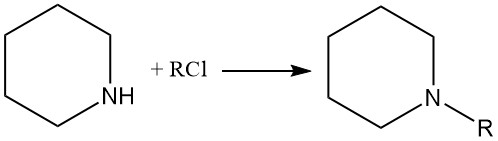 Piperidine reacts with alkyl halides to form N-alkylpiperidines