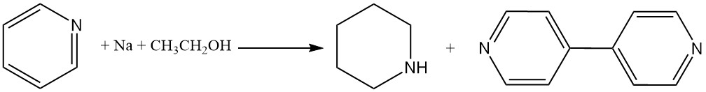 Reaction of pyridine with sodium metal in ethanol to produce piperidine