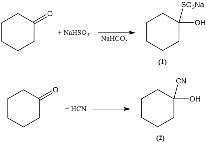 reaction of cyclohexanone with bisulfite and hydrogen cyanide