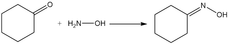 reaction of cyclohexanone with hydroxylamine to form cyclohexanone oxime